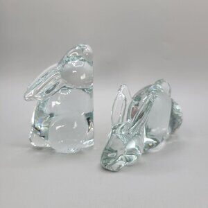 Vintage Heavy Clear Glass Rabbit Figurines Paperweights Bookends Set of 2